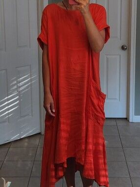 Free People Oversized Beach Red Flowy Midi Dress Low Back Size M Showstopper